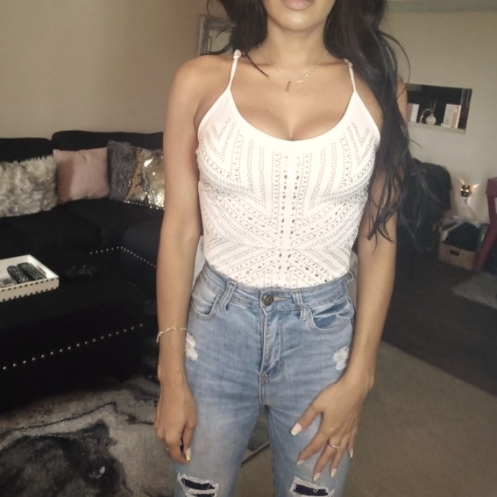 White mesh tank top bodysuit with gold studs